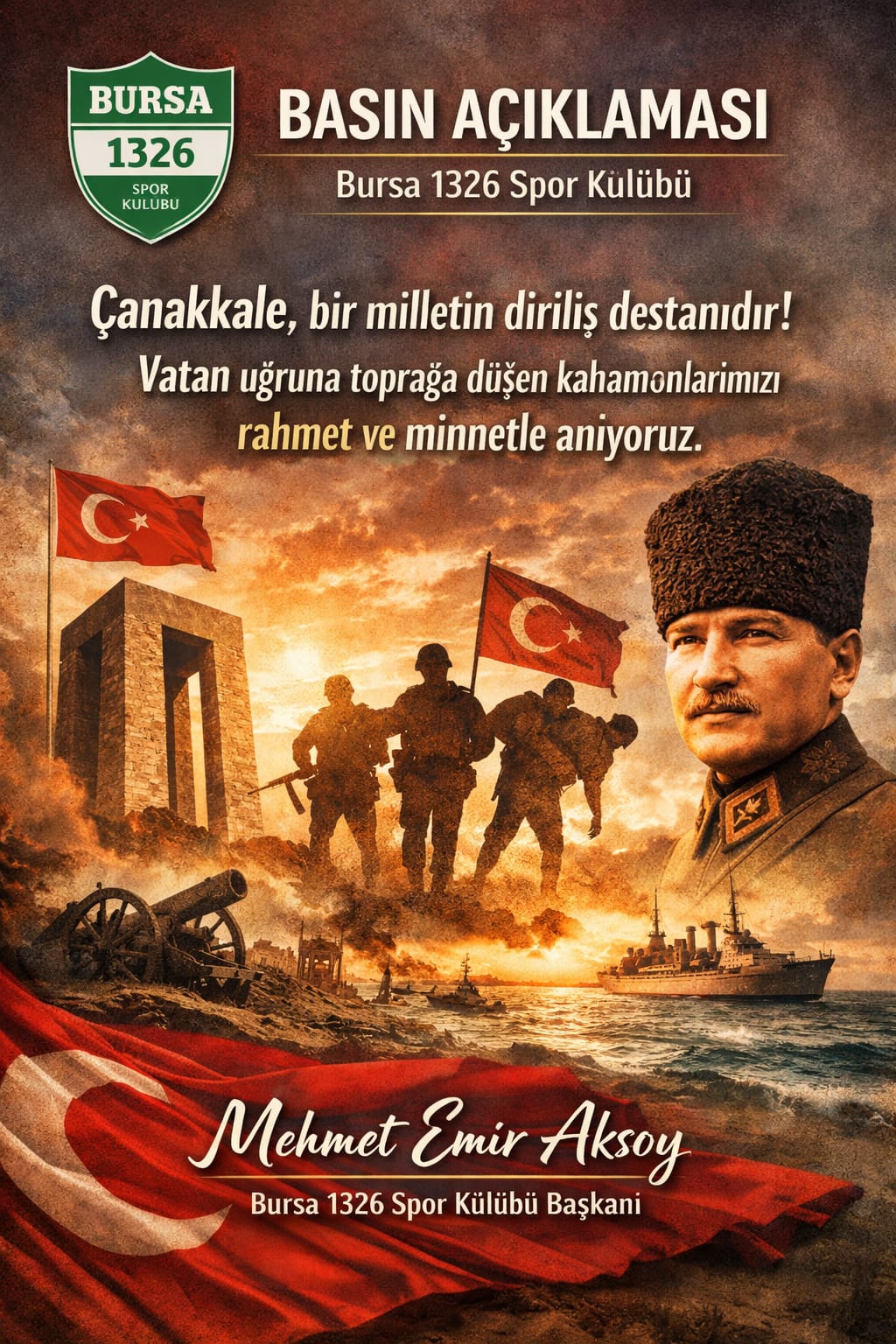 Bursa 1326 Spor Kulübü’nden 18 Mart Mesajı: “Çanakkale Ruhu Sahada Yaşıyor”