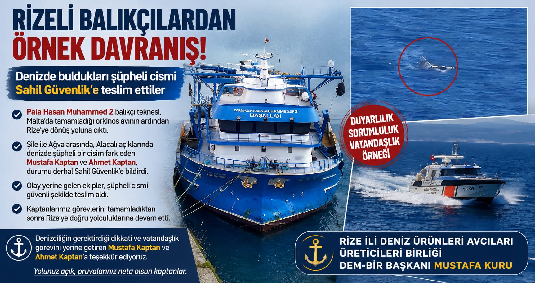 Rizeli Balıkçılardan Örnek Duyarlılık: Denizde Buldukları Şüpheli Cisim Sahil Güvenlik Ekiplerine Teslim Edildi