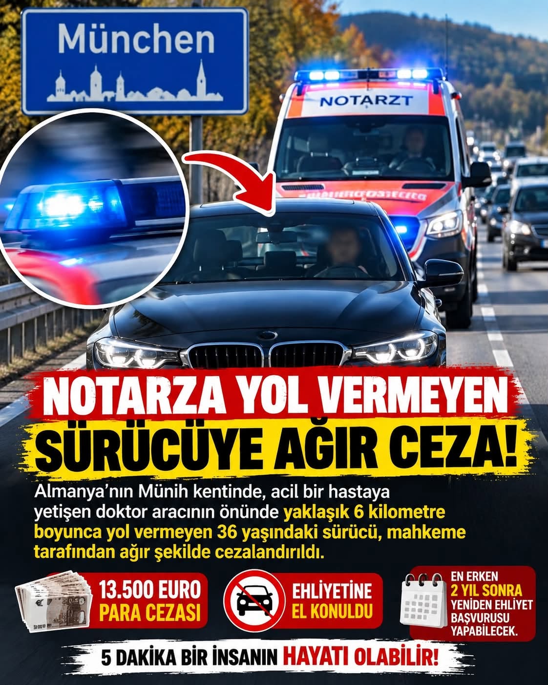 Almanya’da Acil Doktora Yol Vermeyen Sürücüye 13 Bin 500 Euro Ceza!